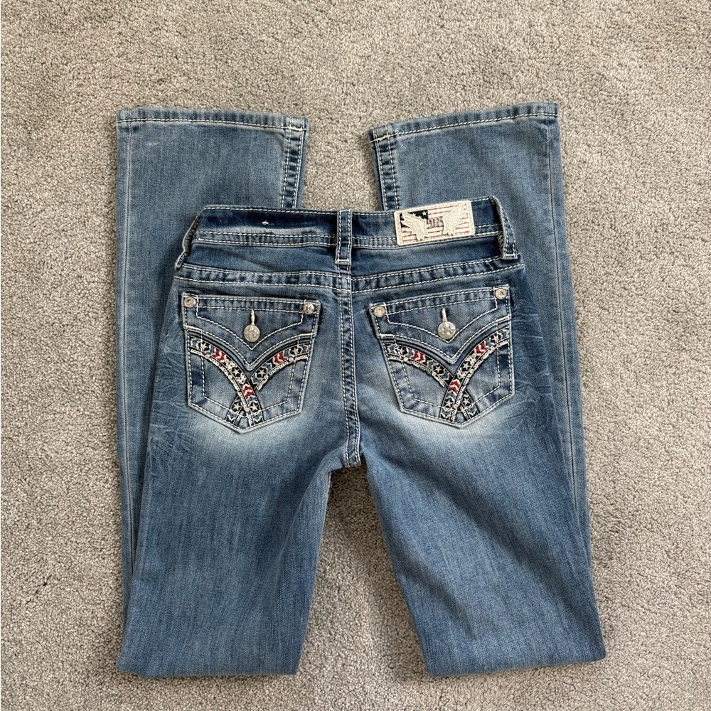 Blue Boot Cut Jeans with Decorative Stitching